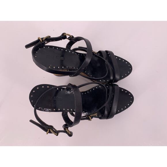Miu Miu Black Leather Strappy Platform Wedge Sandal Espadrille Studs Size 39.5 - Picture 7 of 16